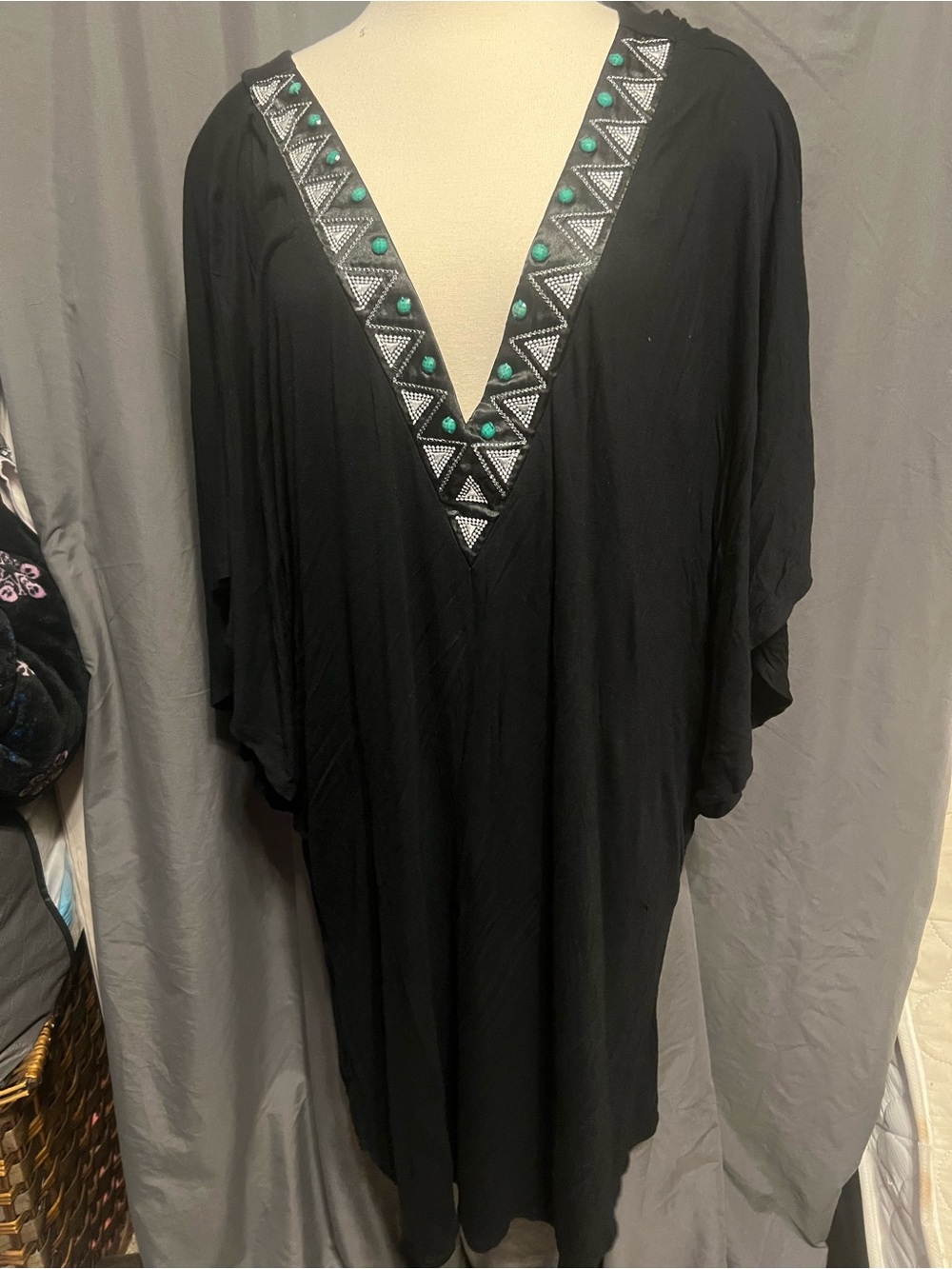 Black V-Neck Swim Coverup with Teal Bead Trim